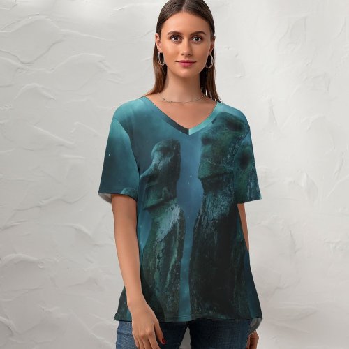 yanfind V Neck T-shirt for Women Moai Statues Easter Island Moon Stars Night Sky Summer Top  Short Sleeve Casual Loose