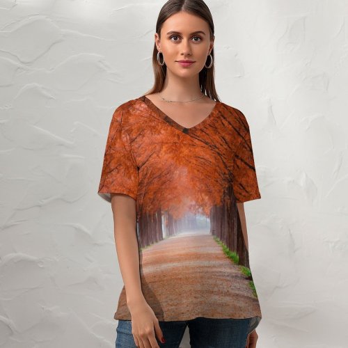 yanfind V Neck T-shirt for Women Autumn Trees Path Foggy Mist Morning Fall Summer Top  Short Sleeve Casual Loose