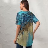yanfind V Neck T-shirt for Women Sand Art Colorful Teal Golden Summer Top  Short Sleeve Casual Loose
