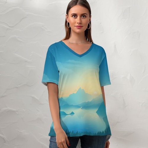 yanfind V Neck T-shirt for Women Coyle Lakeside Sunrise Early Morning Minimal Art Gradient Landscape Scenic Panorama Summer Top  Short Sleeve Casual Loose