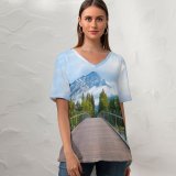 yanfind V Neck T-shirt for Women Viktor Wooden Bridge Banff National Park Trees Mountain Peak Cloudy Sky Landscape Summer Top  Short Sleeve Casual Loose