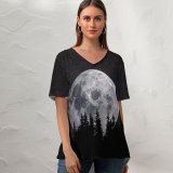 yanfind V Neck T-shirt for Women Black Dark Moon Forest Night Dark Starry Sky Summer Top  Short Sleeve Casual Loose