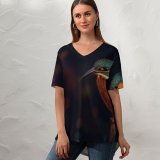 yanfind V Neck T-shirt for Women Hmetosche Black Dark Kingfisher Bird Wildlife Dark Closeup Bird Tree Branch Summer Top  Short Sleeve Casual Loose