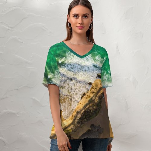 yanfind V Neck T-shirt for Women Romain Guy Seashore Aerial Beach Cliff Ocean Waves Beautiful Birds Eye Sand Summer Top  Short Sleeve Casual Loose