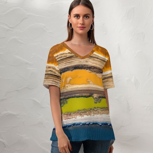 yanfind V Neck T-shirt for Women Romain Guy Coastline Landscape Aerial Railway Beautiful Road Coast Summer Top  Short Sleeve Casual Loose