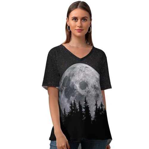 yanfind V Neck T-shirt for Women Black Dark Moon Forest Night Dark Starry Sky Summer Top  Short Sleeve Casual Loose