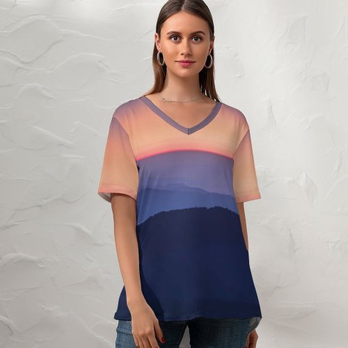 yanfind V Neck T-shirt for Women Claudio Testa Sunset Sky Mountains Foggy Mountain Range Summer Top  Short Sleeve Casual Loose
