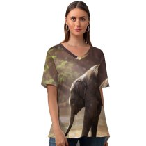 yanfind V Neck T-shirt for Women Comfreak Elephant Cub Rocks River Sun Rays Waterhole Daytime Summer Top  Short Sleeve Casual Loose