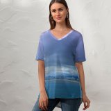 yanfind V Neck T-shirt for Women Wales Coast Sea Seaside Vacation Victorian Fish Pier Beach Space Old Sky Summer Top  Short Sleeve Casual Loose