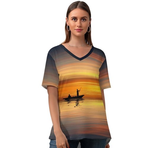 yanfind V Neck T-shirt for Women Johannes Plenio Seascape Dawn Dusk Evening Boating Reflections Summer Top  Short Sleeve Casual Loose