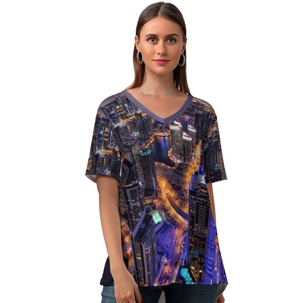 yanfind V Neck T-shirt for Women Joe DeSousa Dubai Cityscape Aerial Skyscrapers City Lights Night HDR Hour Summer Top  Short Sleeve Casual Loose