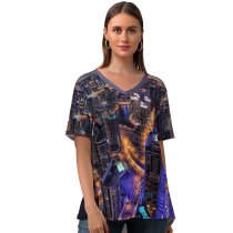 yanfind V Neck T-shirt for Women Joe DeSousa Dubai Cityscape Aerial Skyscrapers City Lights Night HDR Hour Summer Top  Short Sleeve Casual Loose