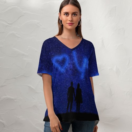 yanfind V Neck T-shirt for Women Gerd Altmann Love I Love You Starry Sky Couple Silhouette Heart Valentines Summer Top  Short Sleeve Casual Loose