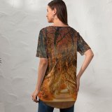 yanfind V Neck T-shirt for Women Johannes Plenio Forest Road Daylight Autumn Fall Sunrays Trees Summer Top  Short Sleeve Casual Loose