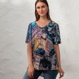 yanfind V Neck T-shirt for Women Benjamin Suter Chicago Skyscrapers Cityscape Night City Lights Aerial Willis Tower Illinois Summer Top  Short Sleeve Casual Loose