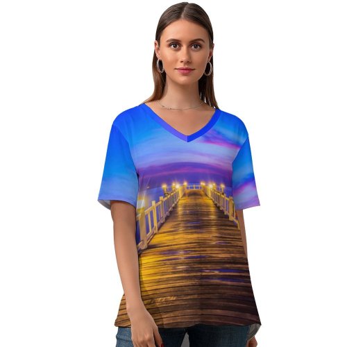 yanfind V Neck T-shirt for Women Anek Suwannaphoom Wooden Pier Bridge Sunset Horizon Resort Dawn Vacation Holidays Phuket Summer Top  Short Sleeve Casual Loose