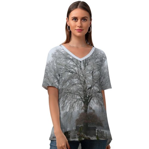 yanfind V Neck T-shirt for Women Tree Ice Snow Atmospheric Natural Landscape Fog Mist Freezing Winter Frost Woody Summer Top  Short Sleeve Casual Loose