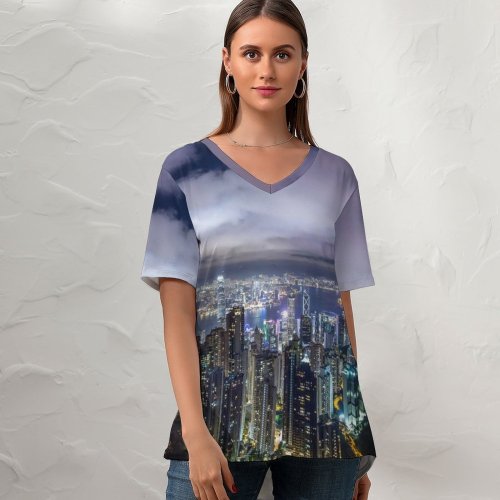 yanfind V Neck T-shirt for Women Denys Nevozhai Hong Kong City River Night Time Skyscrapers Clouds Cityscape Summer Top  Short Sleeve Casual Loose