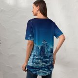 yanfind V Neck T-shirt for Women Anek Suwannaphoom Bangkok Cityscape City Lights Night Metropolitan Buildings Skyscraper Summer Top  Short Sleeve Casual Loose