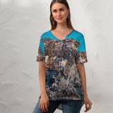 yanfind V Neck T-shirt for Women Cinque Terre Coastline Buildings Town Rocks Harbor Cliff Italy Summer Top  Short Sleeve Casual Loose