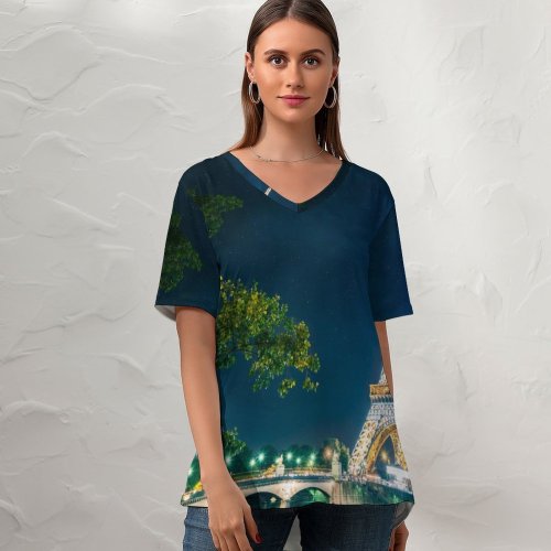 yanfind V Neck T-shirt for Women Lowe Rehnberg Eiffel Tower Night Time Glowing Lights Starry Sky Landmark Famous Summer Top  Short Sleeve Casual Loose
