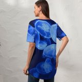 yanfind V Neck T-shirt for Women Bruno Glätsch Jellyfish Aquarium Underwater Glowing Marine Life Transparent Dark Summer Top  Short Sleeve Casual Loose