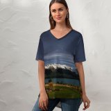 yanfind V Neck T-shirt for Women Dominic Kamp Lake Wakatipu Queenstown Zealand Glacier Mountains Mountain Range Snow Covered Summer Top  Short Sleeve Casual Loose