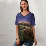 yanfind V Neck T-shirt for Women Lowe Rehnberg Los Angeles City Cityscape City Lights Night Time Horizon Starry Summer Top  Short Sleeve Casual Loose