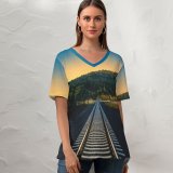 yanfind V Neck T-shirt for Women Jordan Steranka Railroad Rail Mountain River Crescent Moon Half Moon Landscape Sunset Summer Top  Short Sleeve Casual Loose