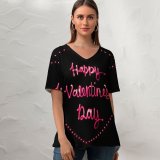 yanfind V Neck T-shirt for Women Black Dark Celebrations Valentine's Love Happy Valentine's Love Heart Letters Summer Top  Short Sleeve Casual Loose
