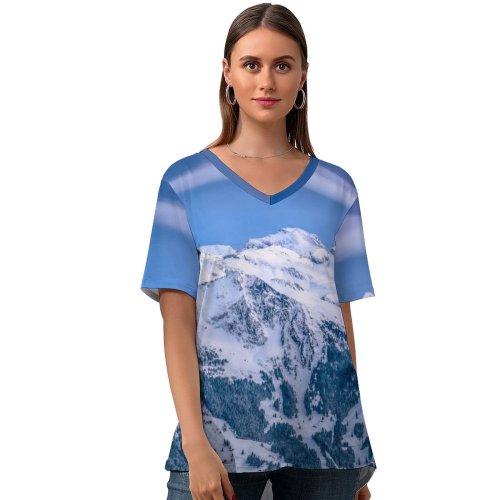 yanfind V Neck T-shirt for Women Mountains Winter Kleine Scheidegg Mountain Range Glacier Sunrise Ice Peak Switzerland Summer Top  Short Sleeve Casual Loose