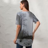 yanfind V Neck T-shirt for Women Steam Locomotive Train Trees Winter Snow Snowy Grey Countryside Landscape Bushes Freezing Summer Top  Short Sleeve Casual Loose