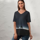 yanfind V Neck T-shirt for Women Black Dark Camels Silhouette Moon Dark Night Sky Stars Summer Top  Short Sleeve Casual Loose