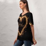 yanfind V Neck T-shirt for Women Black Dark Love Love Heart Sparkles Night Letters Summer Top  Short Sleeve Casual Loose