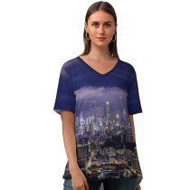 yanfind V Neck T-shirt for Women Cityscape Hong Kong Night City Lights Summer Top  Short Sleeve Casual Loose