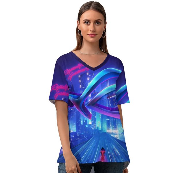 yanfind V Neck T-shirt for Women Technology Republic Gamers ASUS ROG Cityscape Neon Summer Top  Short Sleeve Casual Loose