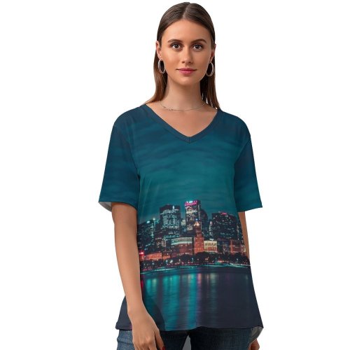 yanfind V Neck T-shirt for Women Max Bender Chicago Night City Lights Cityscape Reflections Summer Top  Short Sleeve Casual Loose