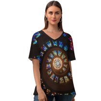 yanfind V Neck T-shirt for Women Architecture Spiral Ceiling Stained Glass Church Summer Top  Short Sleeve Casual Loose