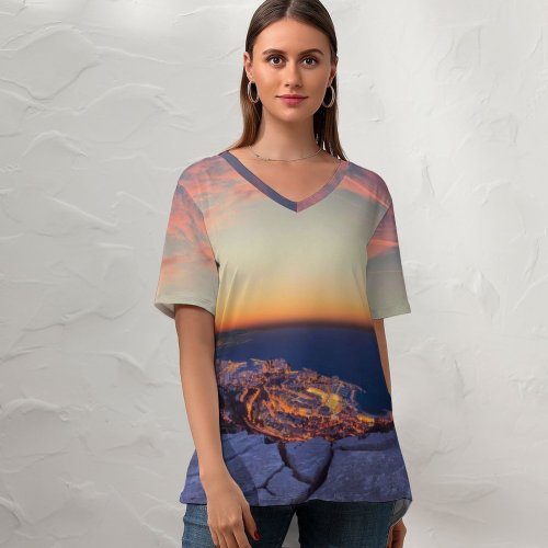 yanfind V Neck T-shirt for Women Crevisio Monaco City Sunrise Horizon Rocks Clear Sky Clouds Dusk Cityscape City Summer Top  Short Sleeve Casual Loose