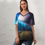 yanfind V Neck T-shirt for Women Thiago Garcia Fantasy Exploring Saturn Planet Surreal Time Travel Space Summer Top  Short Sleeve Casual Loose