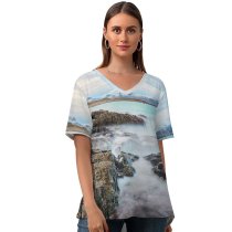 yanfind V Neck T-shirt for Women Johny Goerend Skagsanden Beach Cliff Rocks Ocean Sky Clouds Snow Mountains Lofoten Summer Top  Short Sleeve Casual Loose