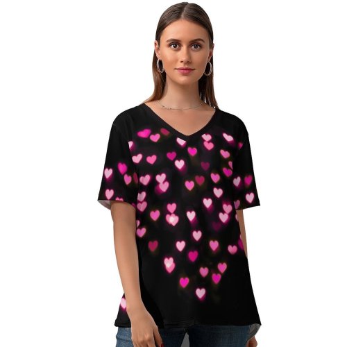 yanfind V Neck T-shirt for Women Love Hearts Bokeh Glowing Lights Vibrant Blurred Heart Valentines Love Heart Summer Top  Short Sleeve Casual Loose