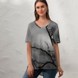 yanfind V Neck T-shirt for Women Thunder Lightning Tree Storm Sky Grey Mono Spooky Gothic Stormy Dead Dying Summer Top  Short Sleeve Casual Loose