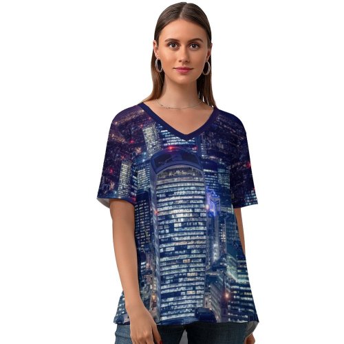 yanfind V Neck T-shirt for Women Otto Berkeley London City Cityscape Night Lights Skyscrapers Tower Gherkin Heron Tower Summer Top  Short Sleeve Casual Loose