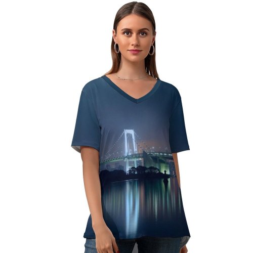 yanfind V Neck T-shirt for Women Nihongraphy Rainbow Bridge Tokyo Japan Suspension Bridge Waterfront Silhouette Cityscape City Lights Summer Top  Short Sleeve Casual Loose