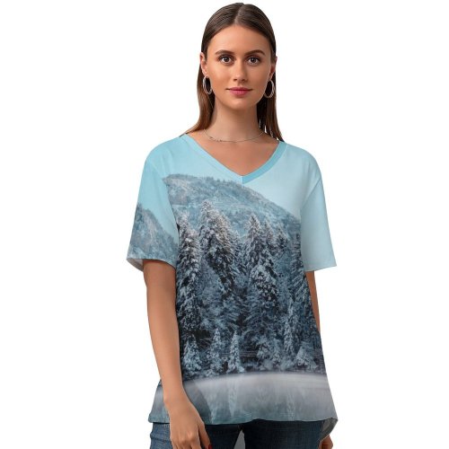 yanfind V Neck T-shirt for Women Joel Jasmin Førestbird Snow Mountains Glacier Frozen Mist Lake Reflection Snow Covered Summer Top  Short Sleeve Casual Loose