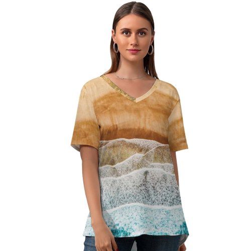 yanfind V Neck T-shirt for Women Canary Islands Spain Aerial Ocean Sea Waves Beach Landscape Drone Photo Summer Top  Short Sleeve Casual Loose