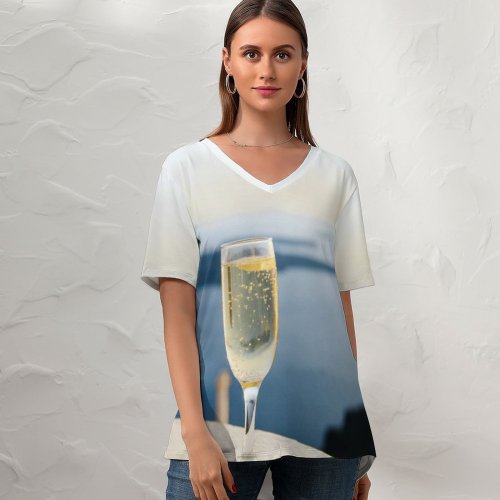 yanfind V Neck T-shirt for Women Glass Thera Landscape Celebrate Alcohol Travel Free Goblet Wine Champagne Bubble Summer Top  Short Sleeve Casual Loose
