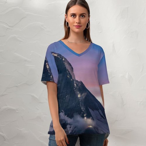 yanfind V Neck T-shirt for Women Matterhorn Mountain Dusk Peak Sunrise Switzerland Summer Top  Short Sleeve Casual Loose