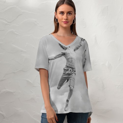 yanfind V Neck T-shirt for Women Chest Movement Abs Muscle Passionate Wallpapers Spirited Six-Pack Energetic Abdominals Pack Summer Top  Short Sleeve Casual Loose